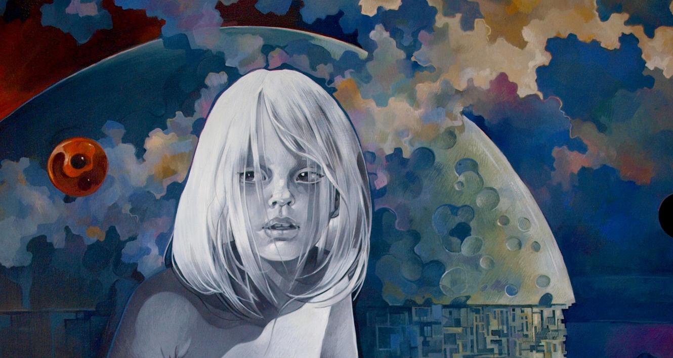 Stylized oil painting of young woman with white hair on cosmic binary code backdrop by Konsta G. Amelinn