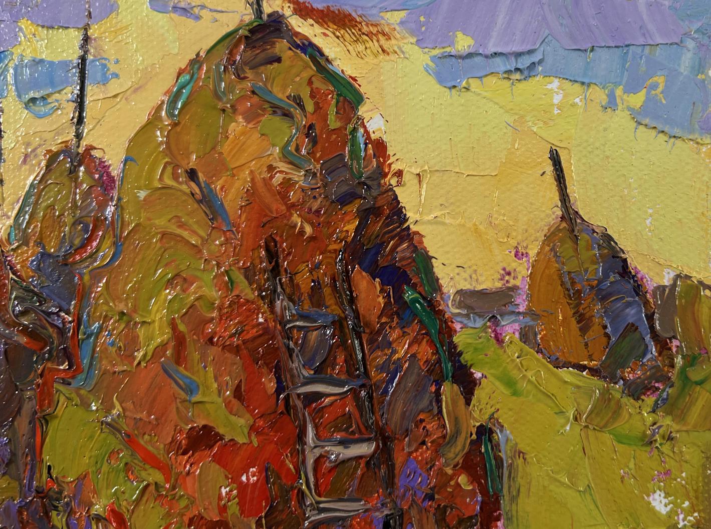 Vibrant impasto oil painting of pear in orange-green hues by Oksana Ivanyuk