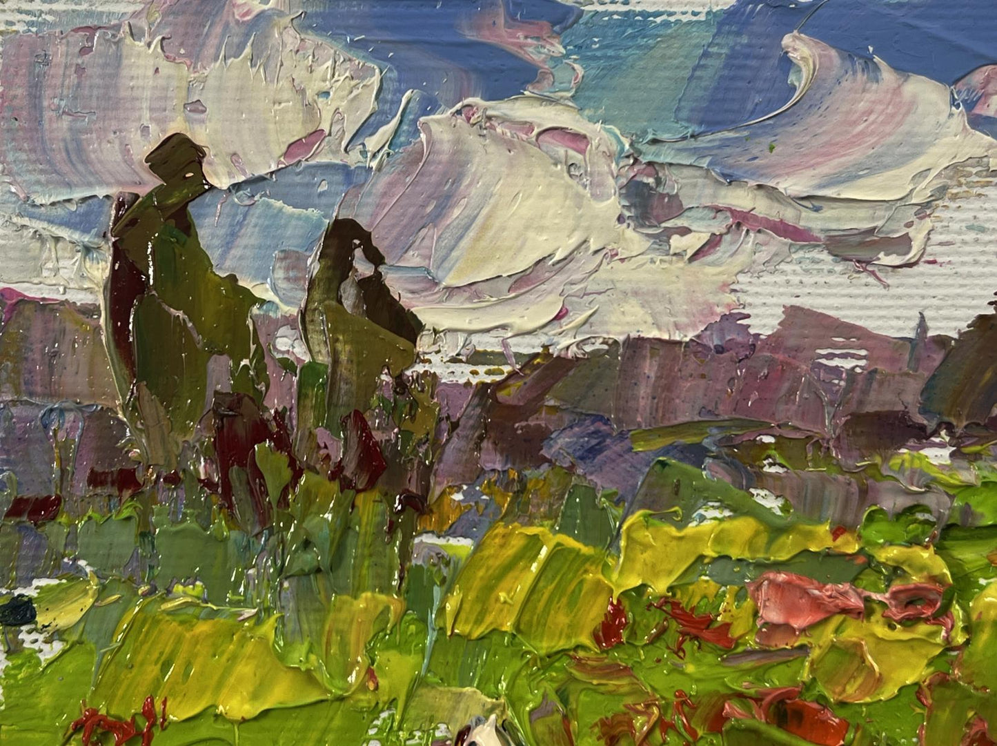 Vibrant In the Poppy Fields oil painting by Oleksiy Ivanyuk with green fields and purple mountains
