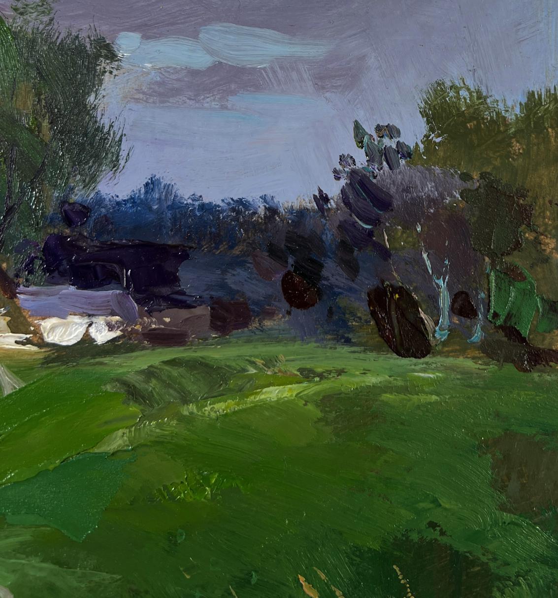 Oil painting of village on quiet shore by Yuriy Suprunchuk