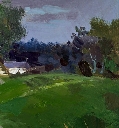 Oil painting of village on quiet shore by Yuriy Suprunchuk