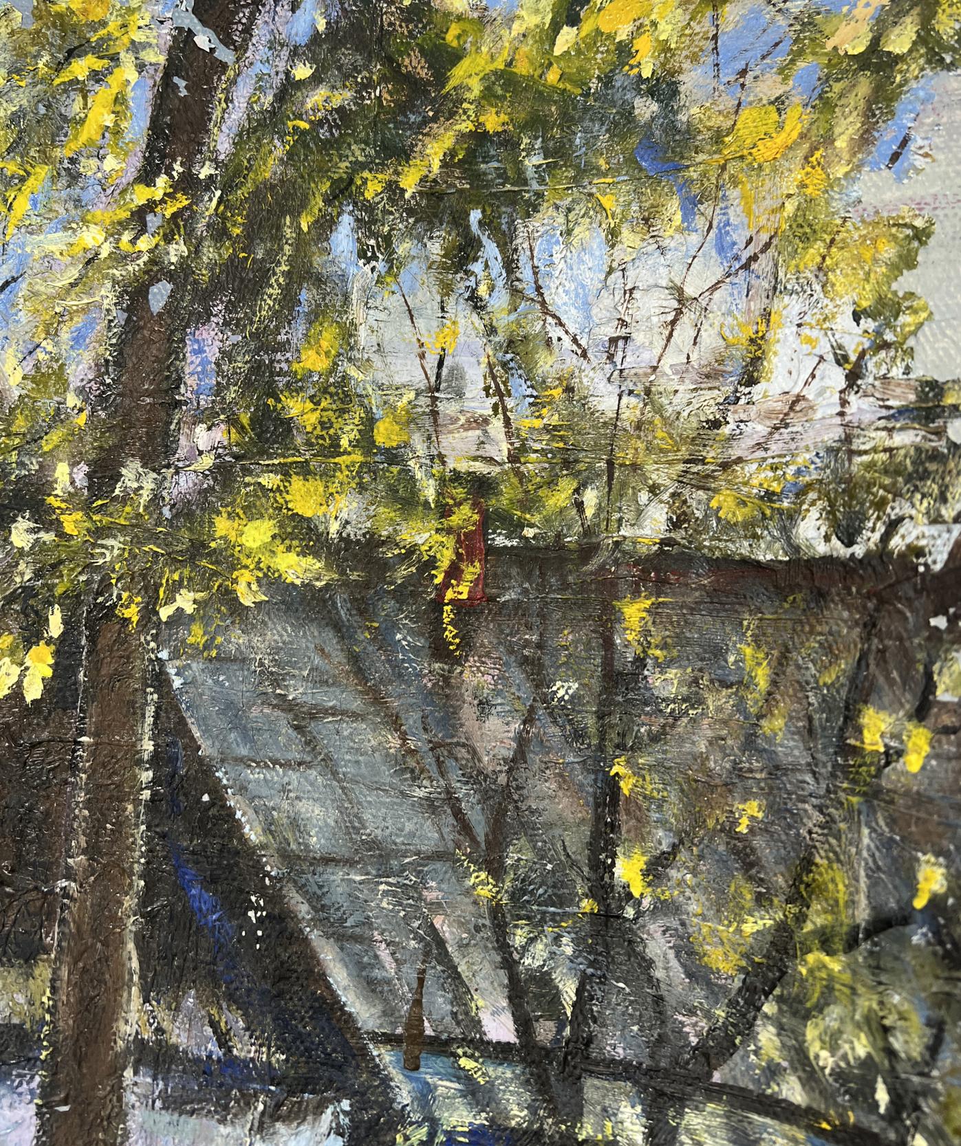 Oil painting The silence of the village yard by Fedor Konev, textured tree with yellow leaves