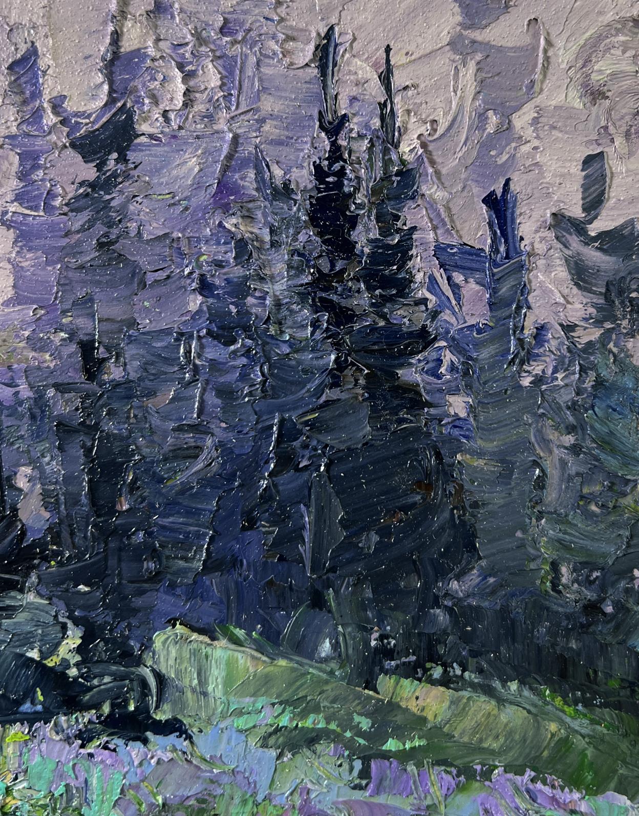 Impressionistic oil painting of Boris Serdyuk mountain meadows with dark evergreens