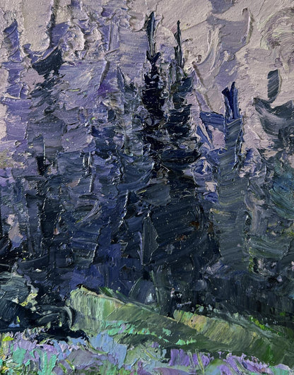 Impressionistic oil painting of Boris Serdyuk mountain meadows with dark evergreens