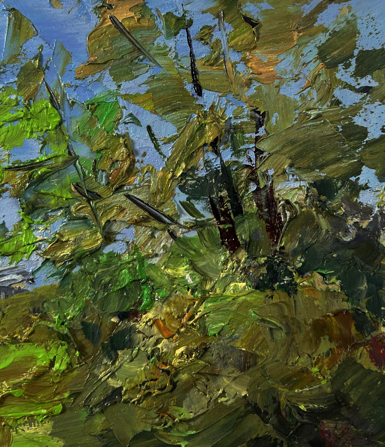 Oil painting Morning fishing by Boris Serdyuk with vibrant green foliage