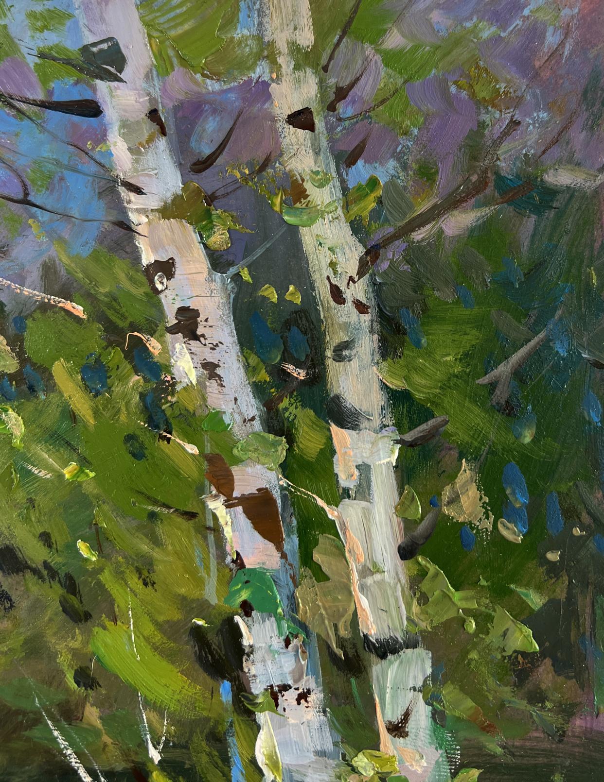 Vibrant impressionist oil painting of birch trees by Yuriy Suprunchuk