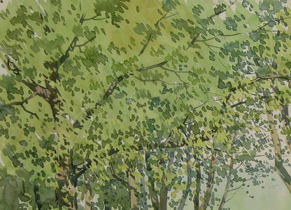 Watercolor painting of lush green forest by Valery Savenets