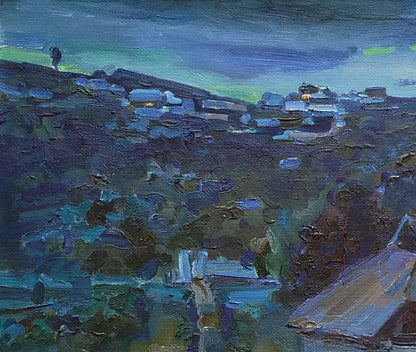 Oil painting Twilight in the village by Leonid Pavlenko, textured twilight coastal scene