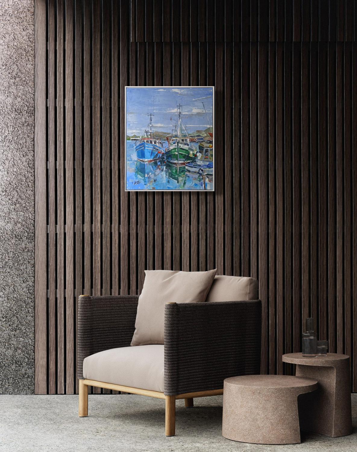 Oil painting Andalusia by Volodymyr Gluhomanyuk: boats in vibrant blue green harbor