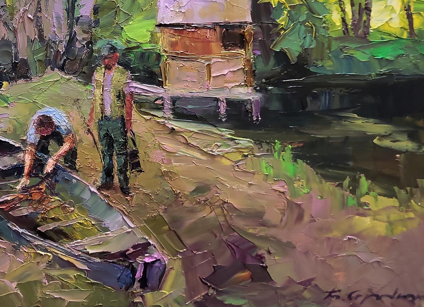 Vibrant impressionist oil painting by Boris Serdyuk of two men near beehive by stream