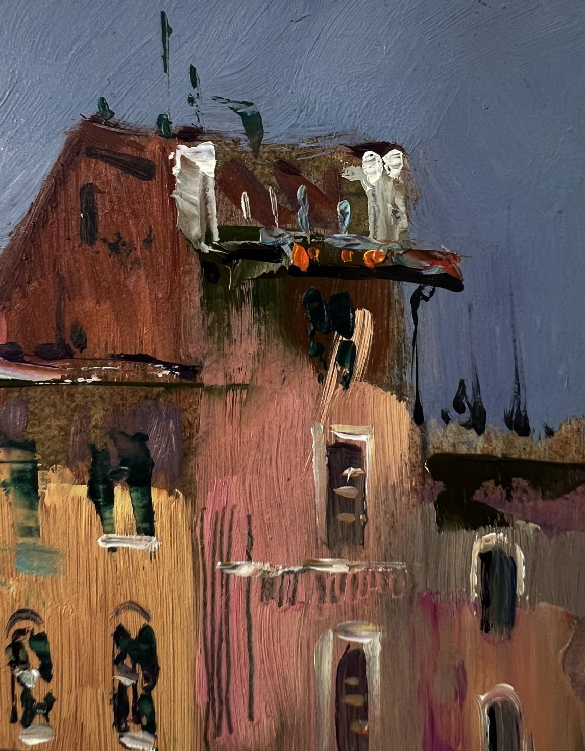 Oil painting of Venetian ferry boat by Yuriy Suprunchuk with terracotta building