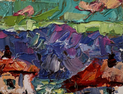 Oil painting Village Memories by Oleksiy Ivanyuk, vibrant teal abstract