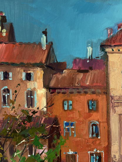 Vibrant impressionist oil painting by Yuriy Suprunchuk: City with river, terracotta roofs