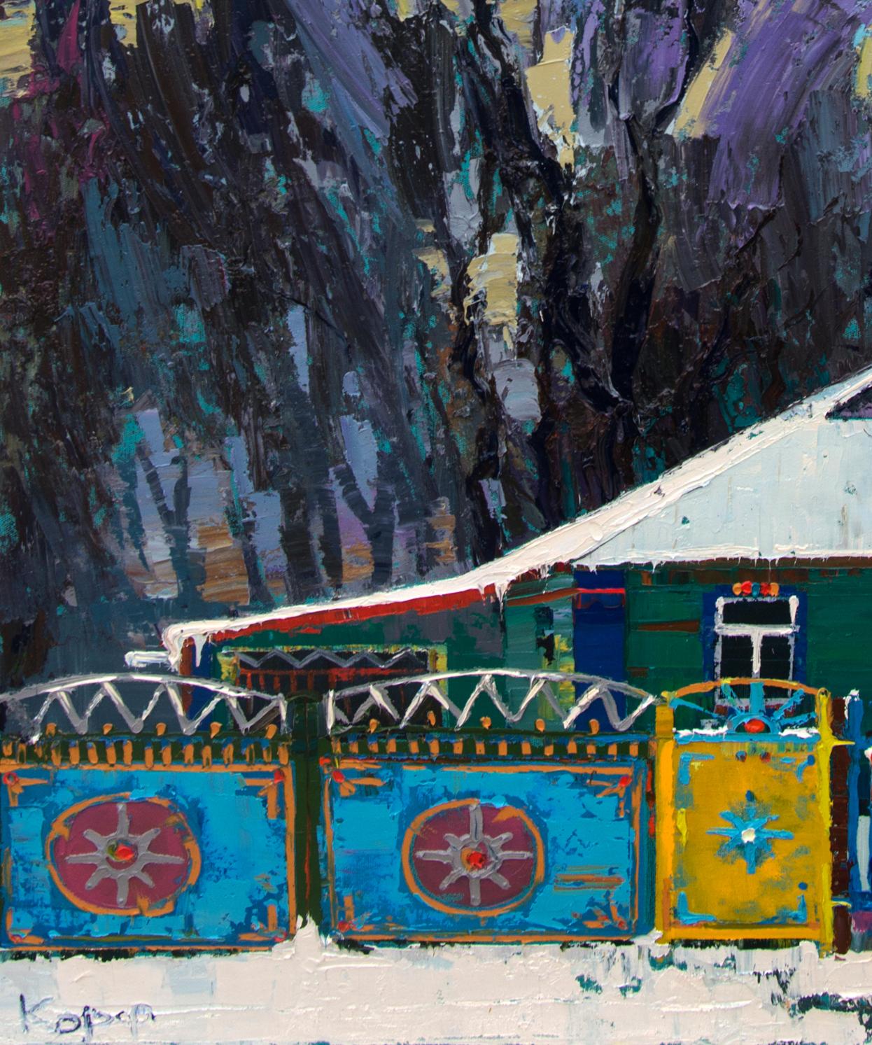Oil painting of vibrant blue yellow snow-covered gates by Natalia Korf-Ivaniuk