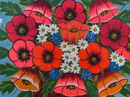 Oil painting of red poppies in a basket with daisies