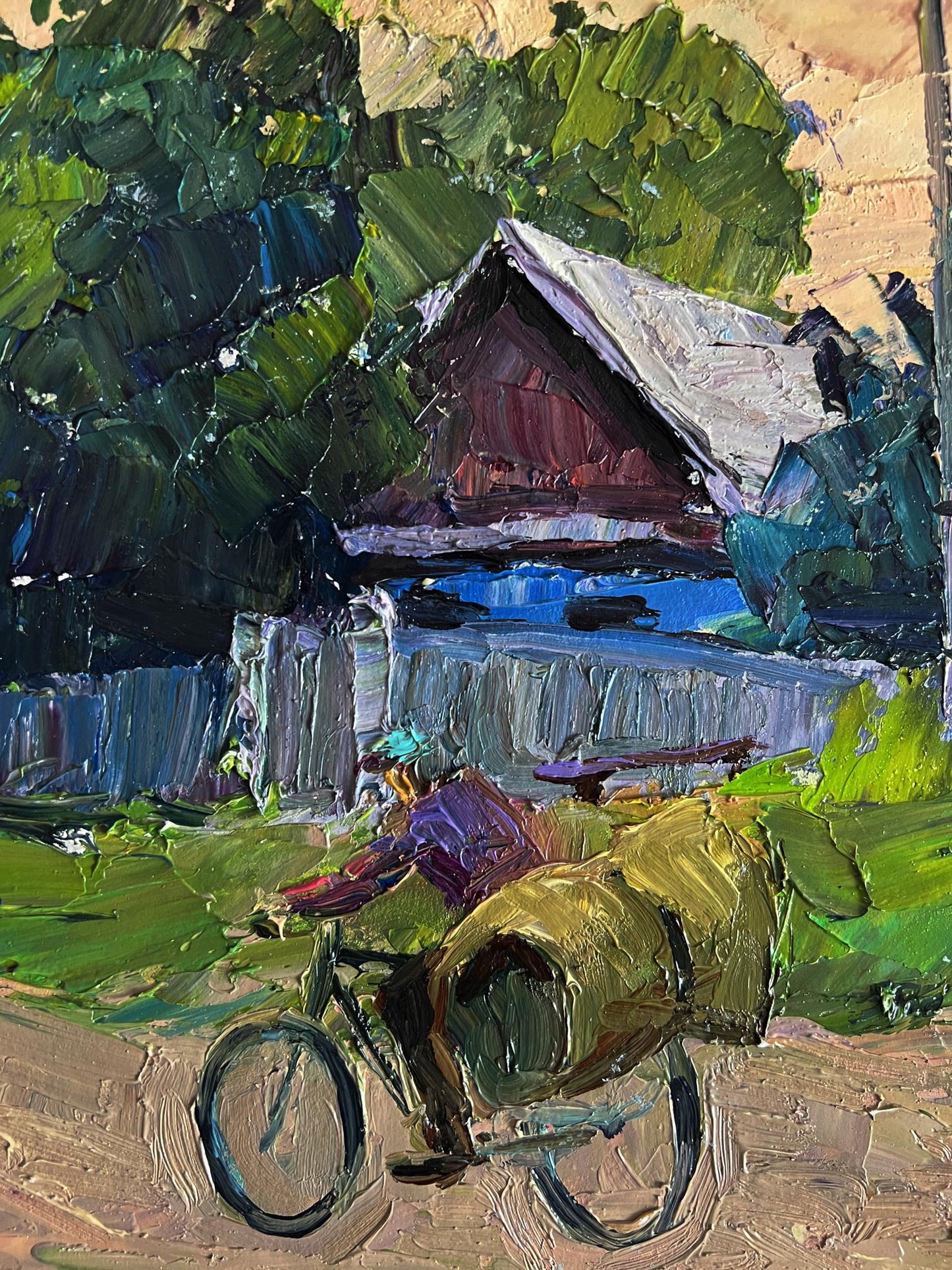 Oil painting of rustic red house in lush foliage by Boris Serdyuk