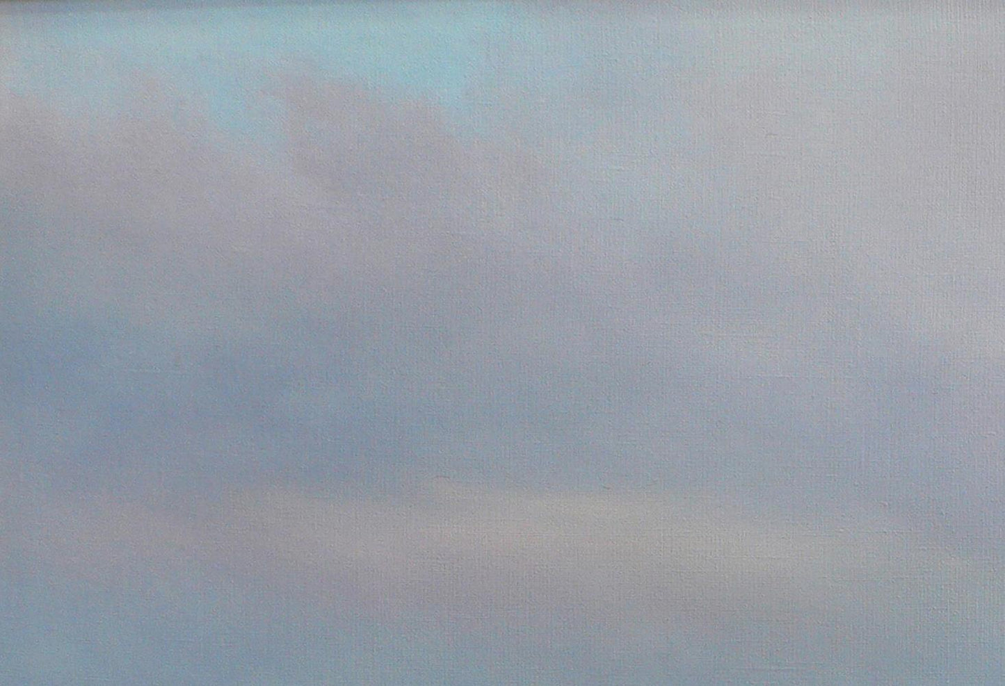 Oil painting of hunters hut by Vasily Korkishko under pale blue sky with gray clouds