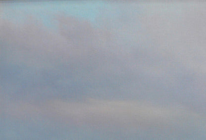 Oil painting of hunters hut by Vasily Korkishko under pale blue sky with gray clouds