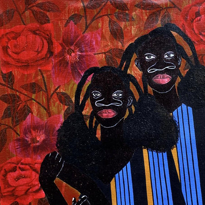 Vibrant acrylic painting We Hold Each Other by Akintomide Akinshola with black figures and red roses