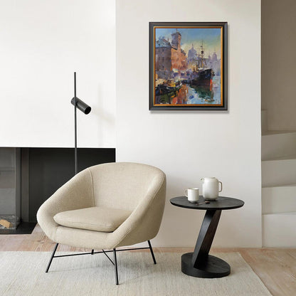 Beige upholstered armchair with black metal legs in Oil painting Bliss Volodymyr Gluhomanyuk