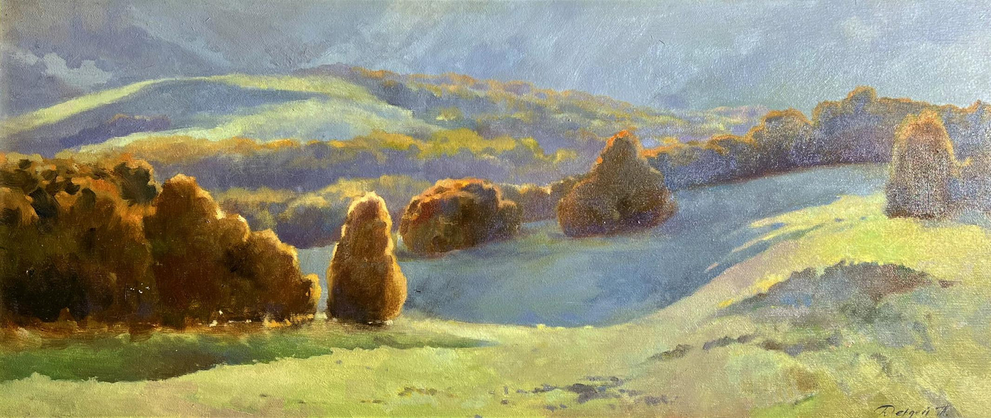 Oil painting Autumn mountains Tatyana Derdey with golden hills and hay bales