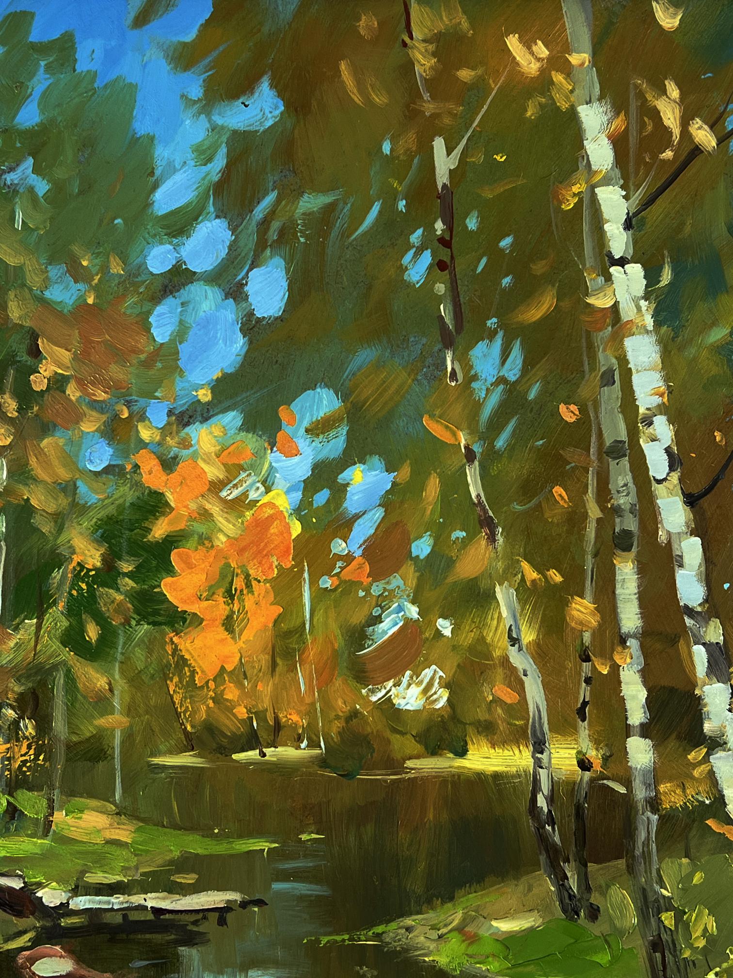 Oil painting of autumn forest river with birch trees and falling leaves by Yuriy Suprunchuk