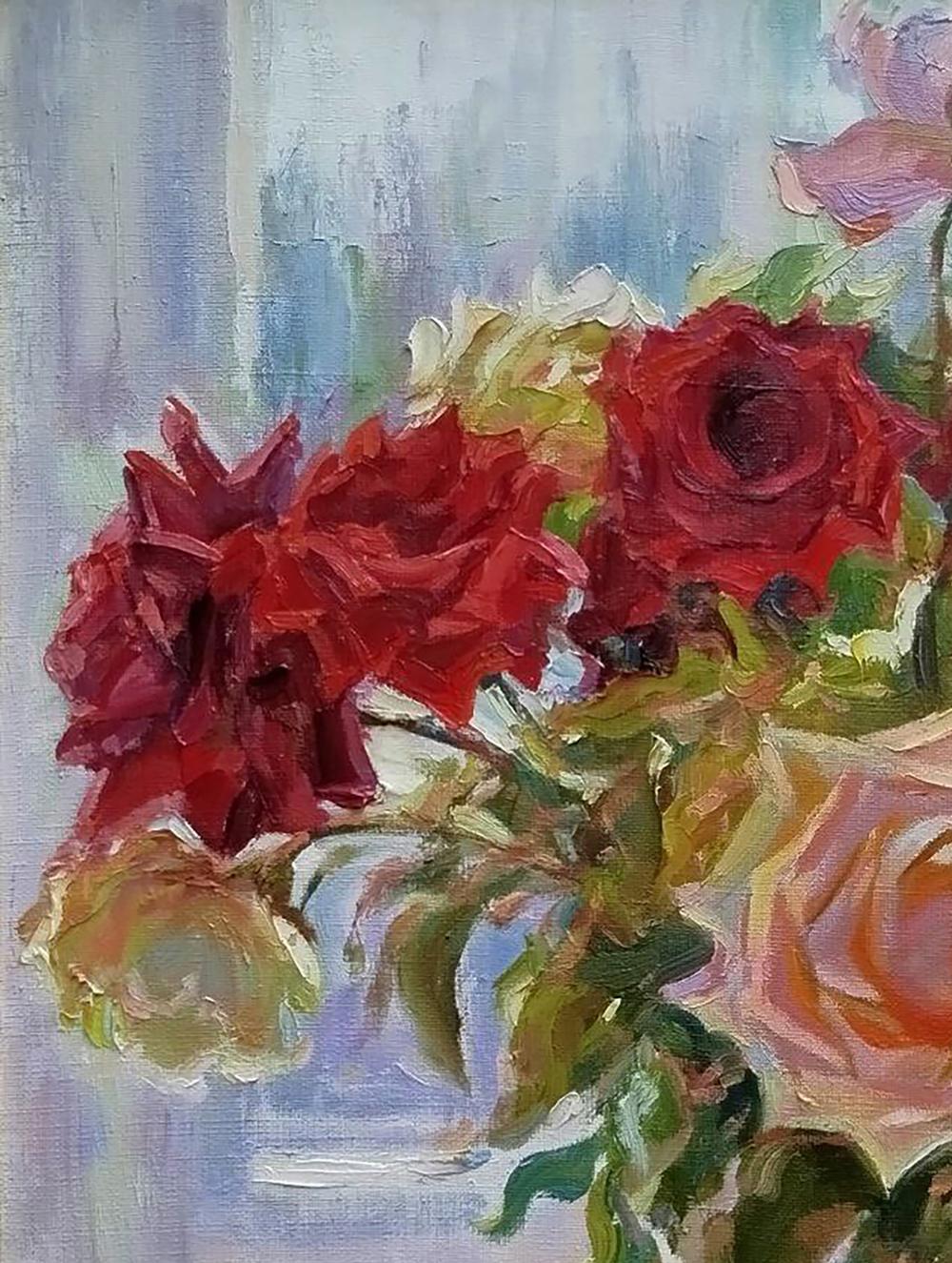 Vibrant red and pink roses bouquet on windowsill by Leonid Pavlenko oil painting
