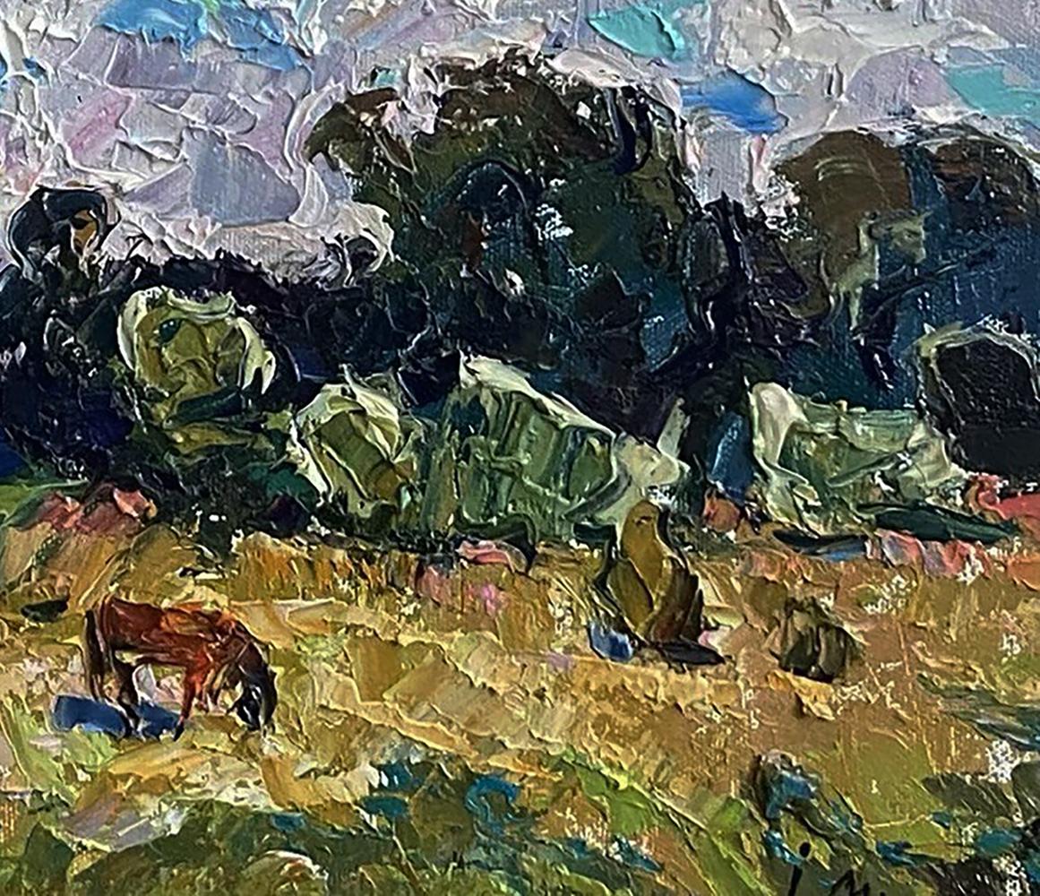 Impasto oil painting by Oleksiy Ivanyuk: reddish-brown horse grazing in earthy field