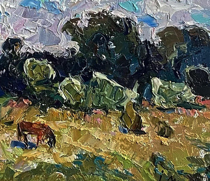 Impasto oil painting by Oleksiy Ivanyuk: reddish-brown horse grazing in earthy field