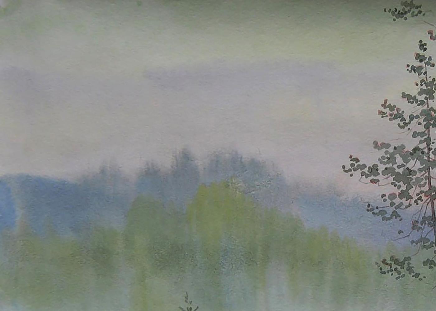 Watercolor painting Morning on the River by Valery Savenets misty forest hills
