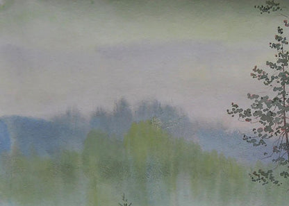 Watercolor painting Morning on the River by Valery Savenets misty forest hills