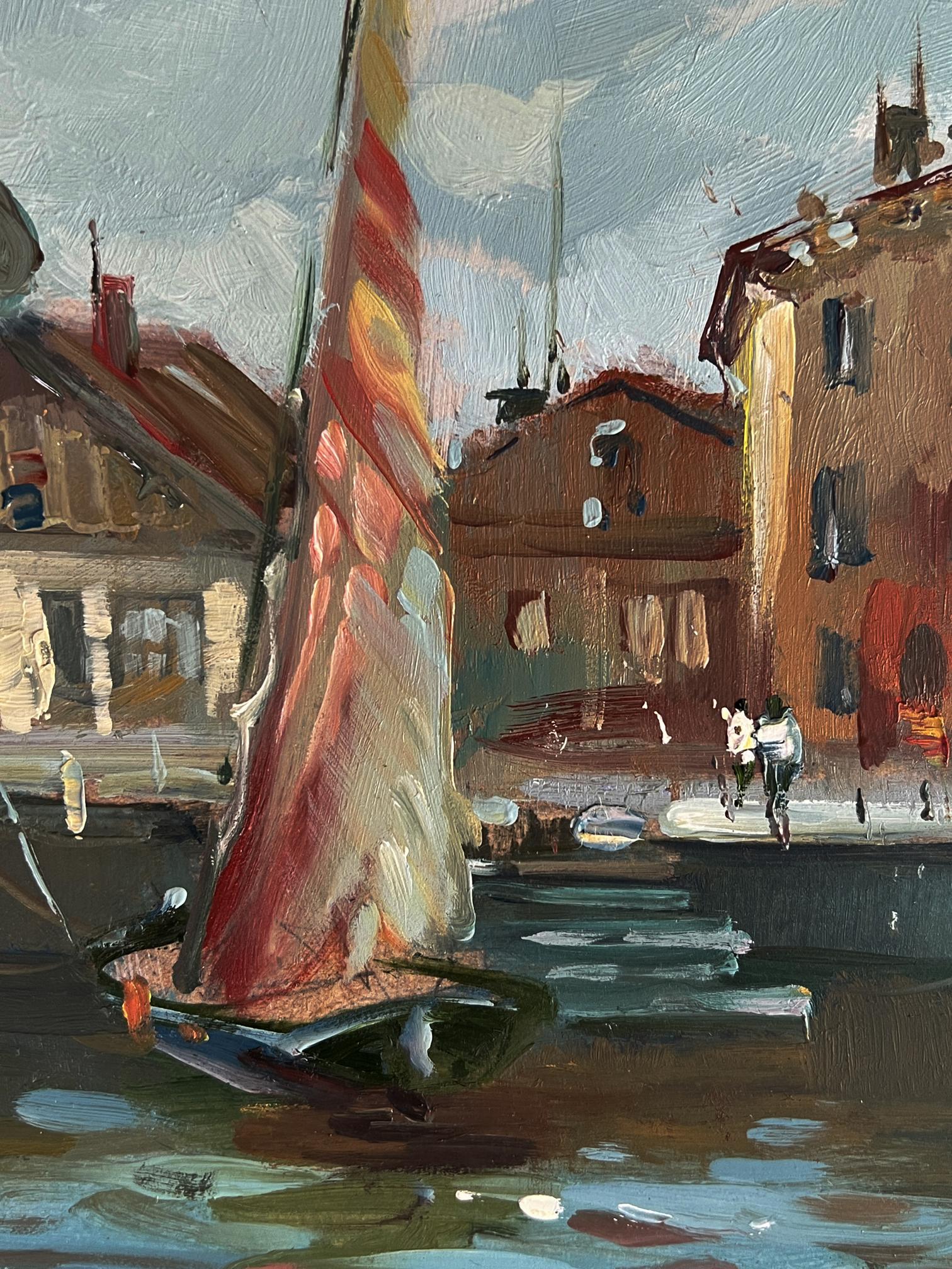 Oil painting of Venice sailboat with red orange sail in harbor by Yuriy Suprunchuk