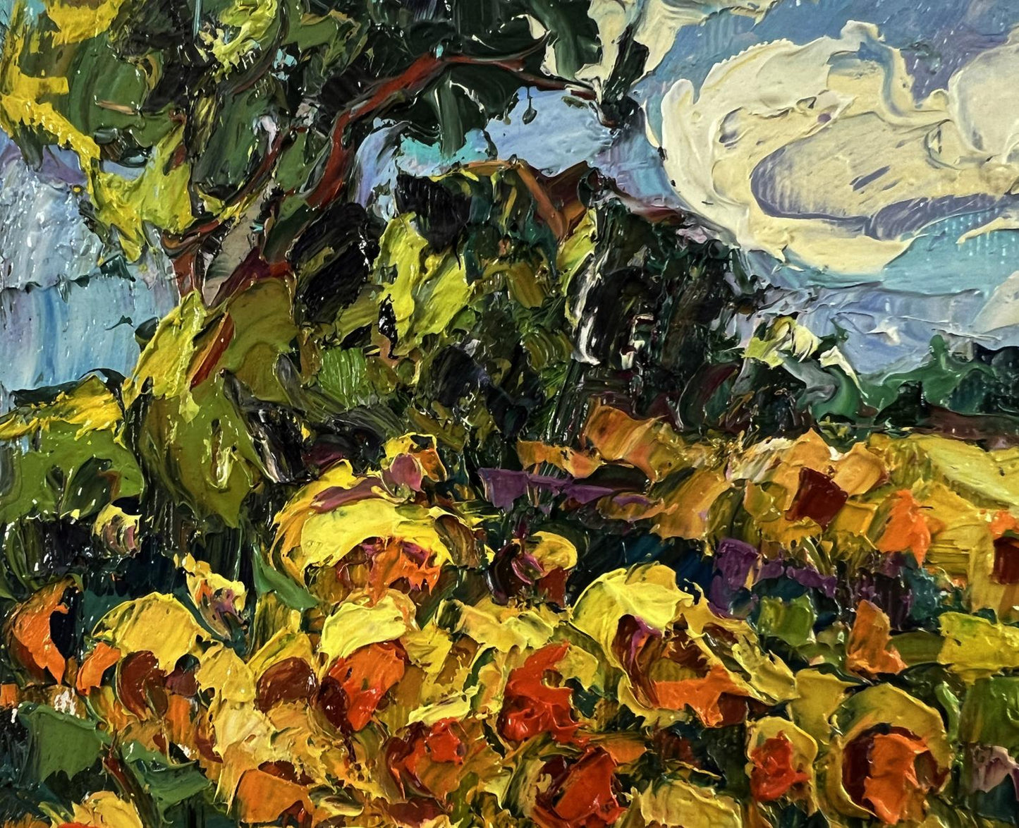 Vibrant impressionist oil painting of sunlit Daytime sunflowers by Oksana Ivanyuk