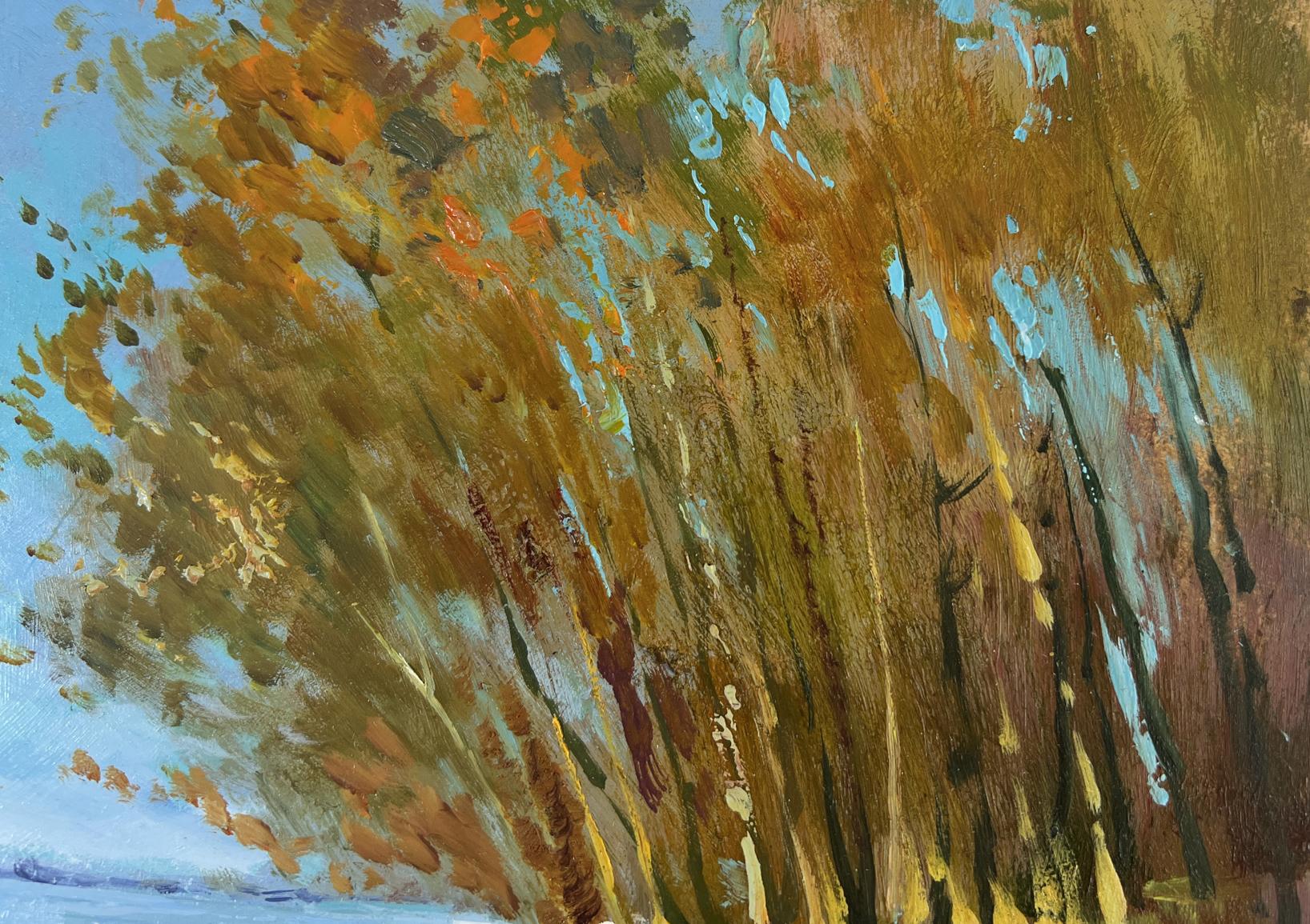 Oil painting Between Water and Trees by Yuriy Suprunchuk, vibrant autumn tree