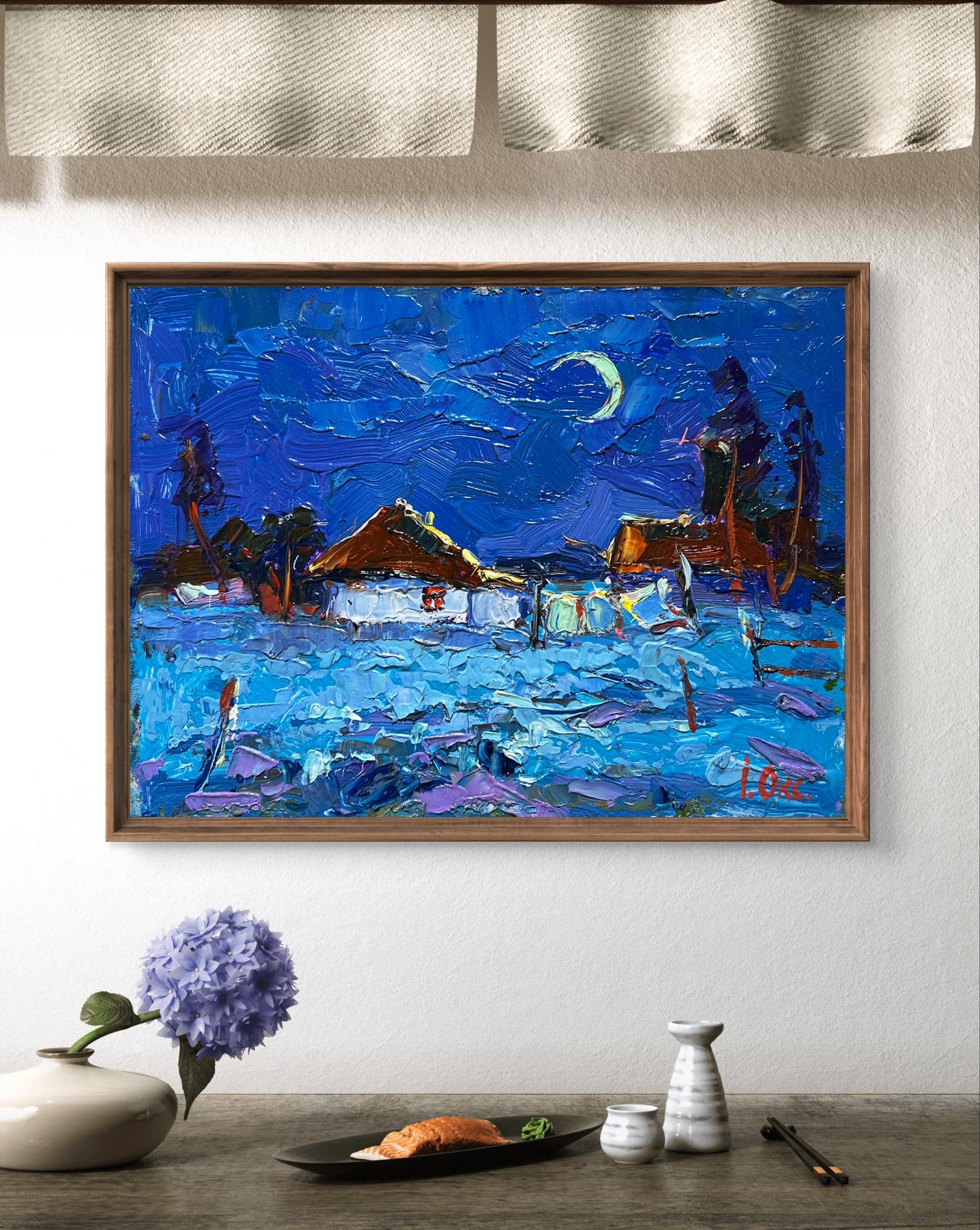 Vibrant blue impressionist oil painting of moonlit village by Oksana Ivanyuk, rustic wood frame