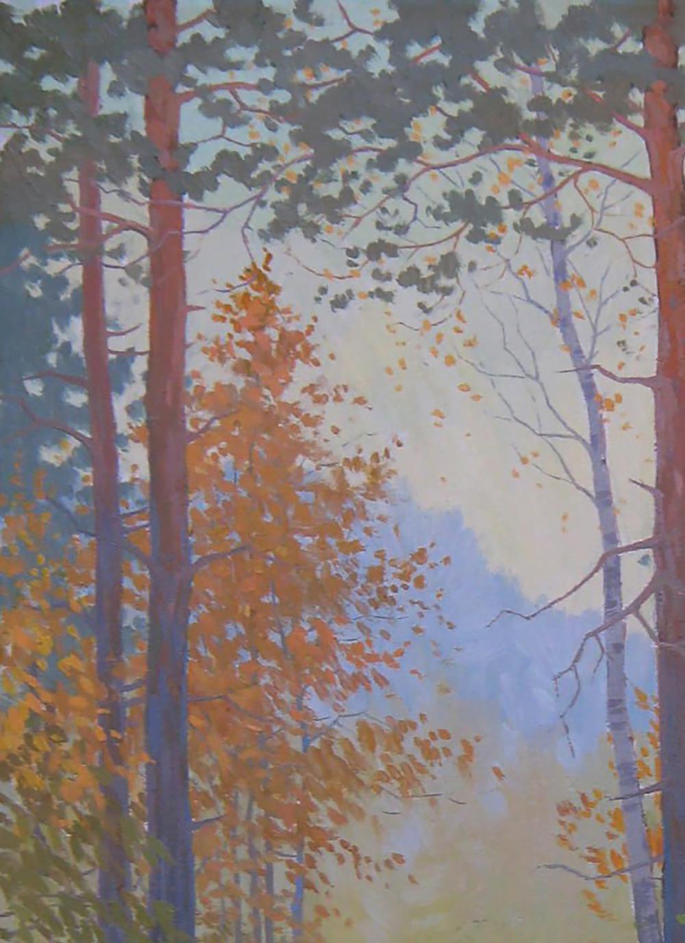 Watercolor of autumn orange trees by Valery Savenets, soft blue sky