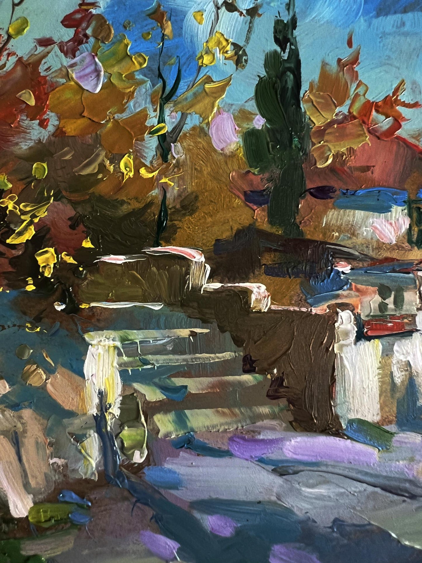 Vibrant impressionist oil painting of autumn leaves by Yuriy Suprunchuk