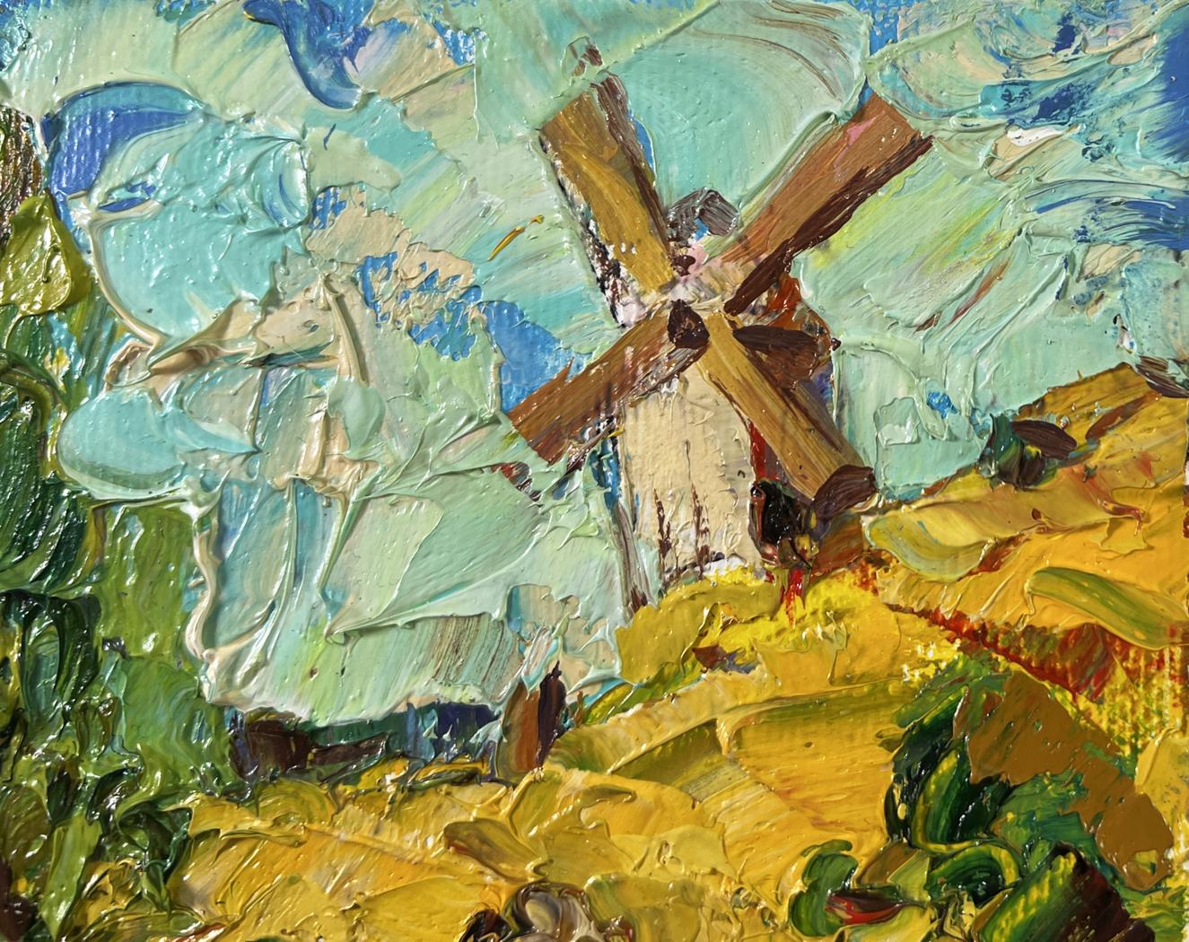 Oil painting Noon in the village by Oleksiy Ivanyuk: rustic windmill in yellow fields