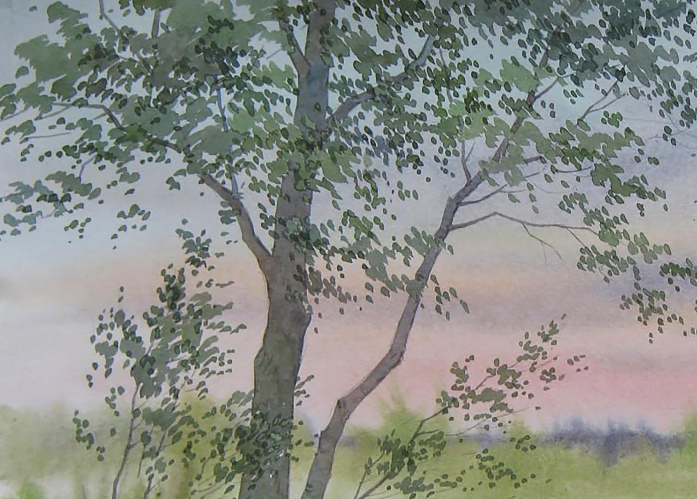 Watercolor painting of tree in pink sunset field by Valery Savenets