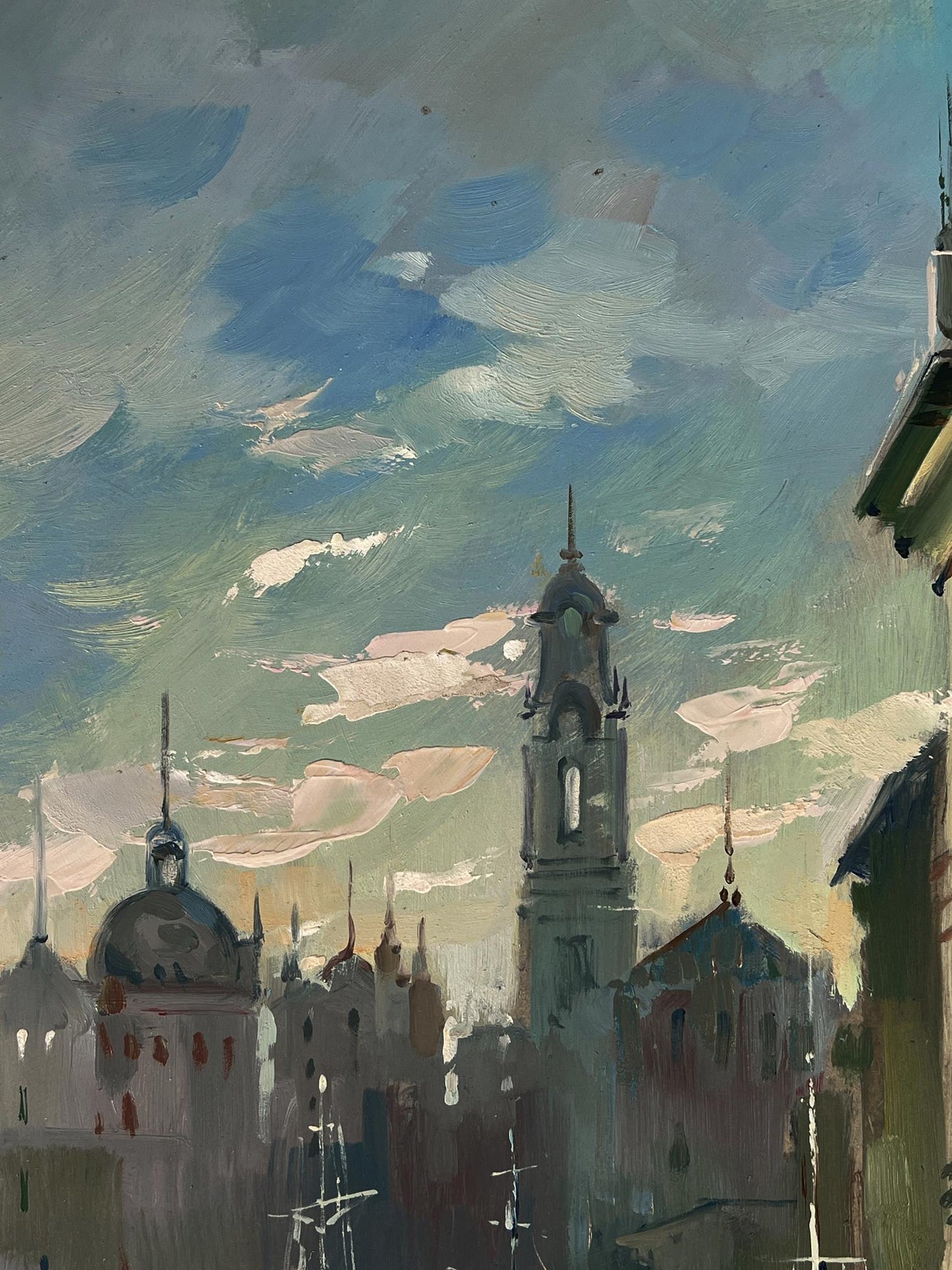 Oil painting of Venice morning sunrise with ornate tower by Yuriy Suprunchuk