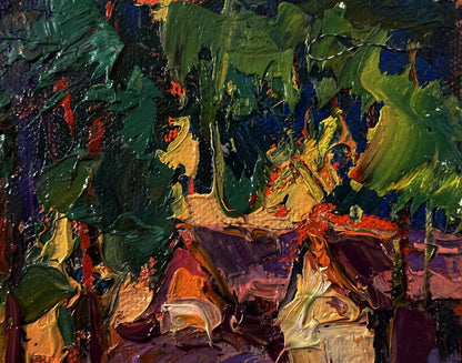 Oil painting Orange sunset behind trees by Oksana Ivanyuk