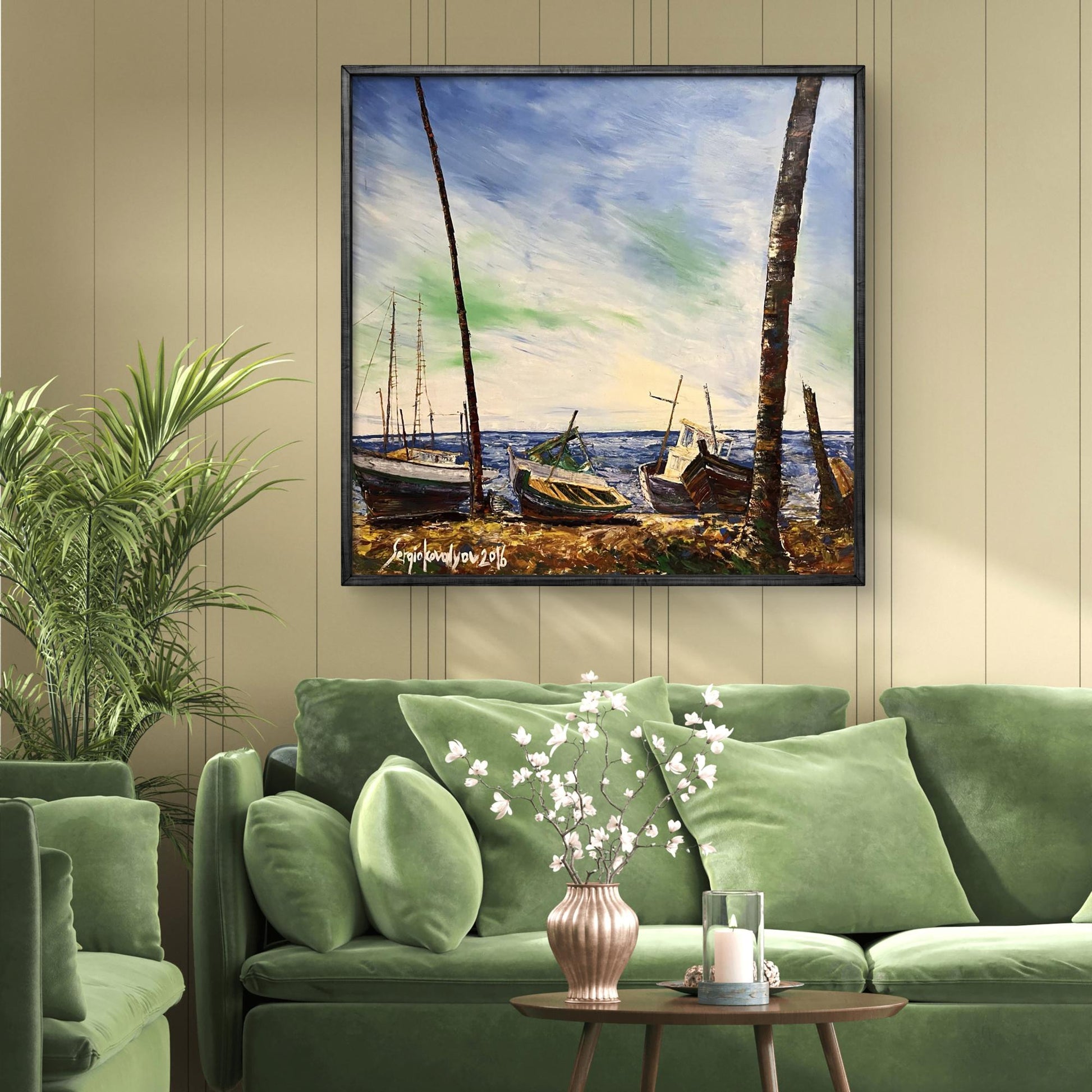 Oil painting Dock by Serhiy Kovalev, boats and palms in green-blue hues, 2016