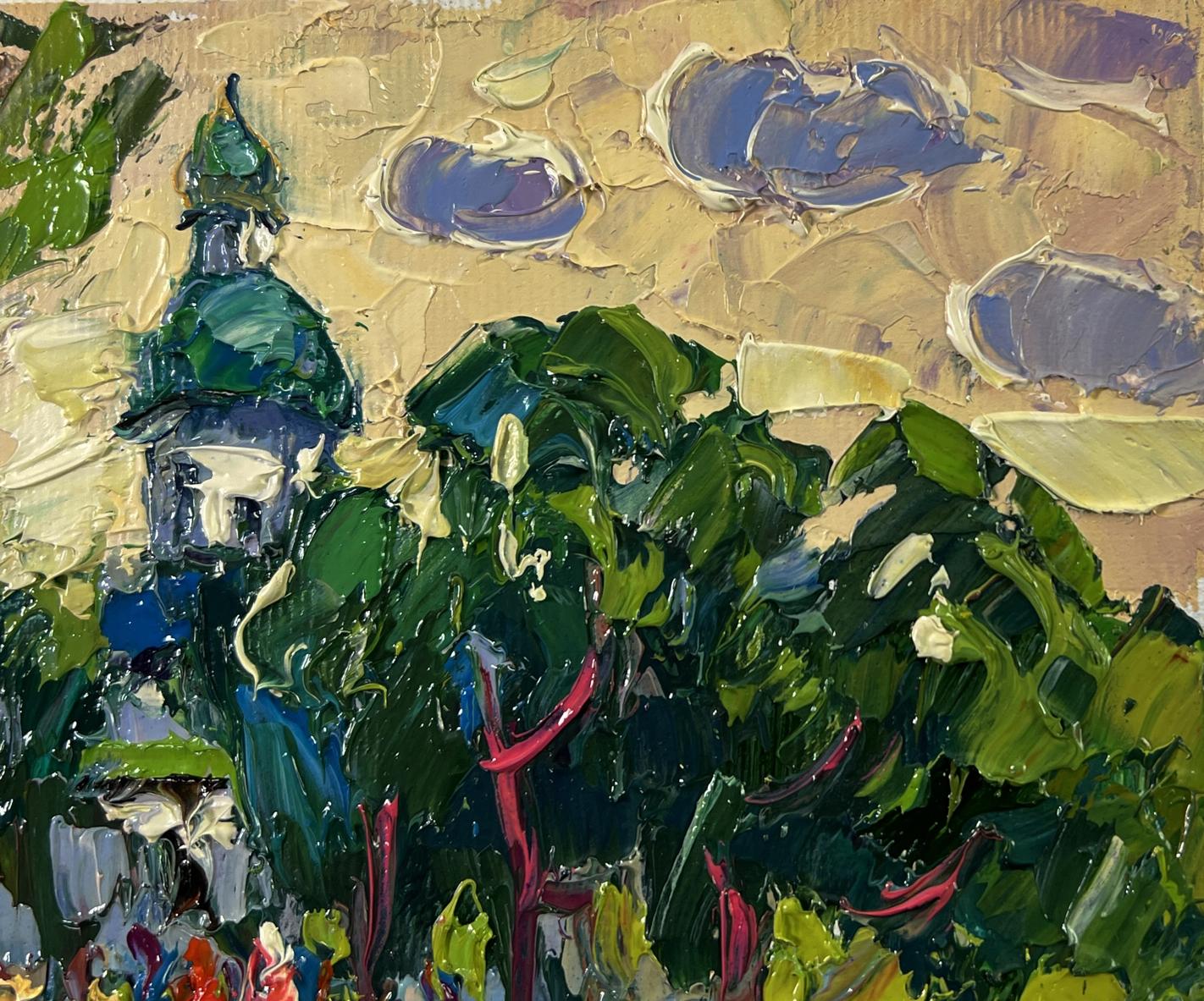 Oil painting Morning Church by Oksana Ivanyuk: green-domed tower in foliage