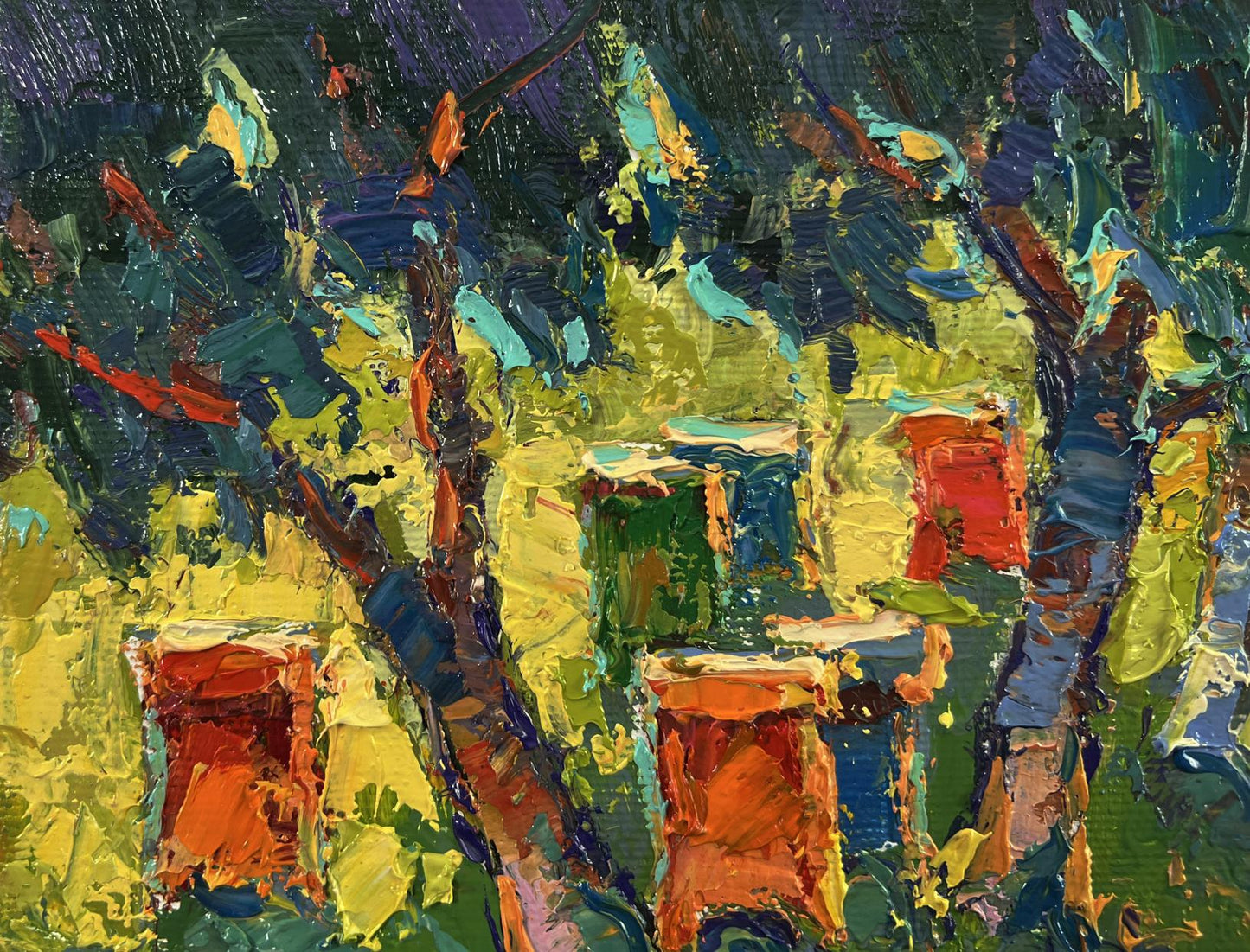 Vibrant impressionist oil painting Apiary in the forest by Oksana Ivanyuk
