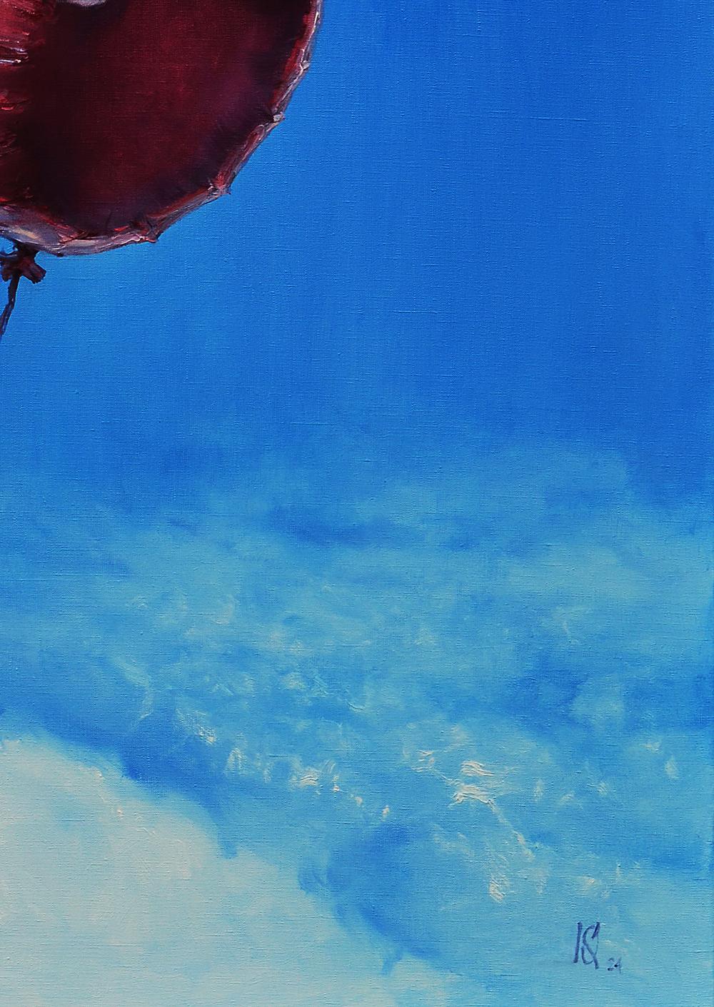 Oil painting of glossy red hot air balloon by Oleg Kateryniuk over blue sky