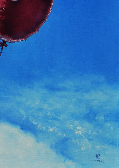 Oil painting of glossy red hot air balloon by Oleg Kateryniuk over blue sky