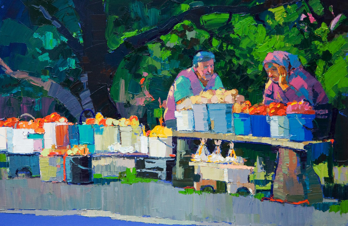 Oil painting by Natalia Korf-Ivaniuk: women bargaining produce roadside