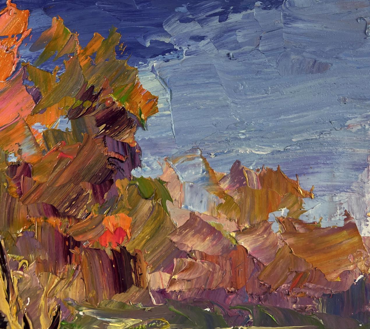 Oil painting Autumn reflected on river by Boris Serdyuk, textured autumn foliage