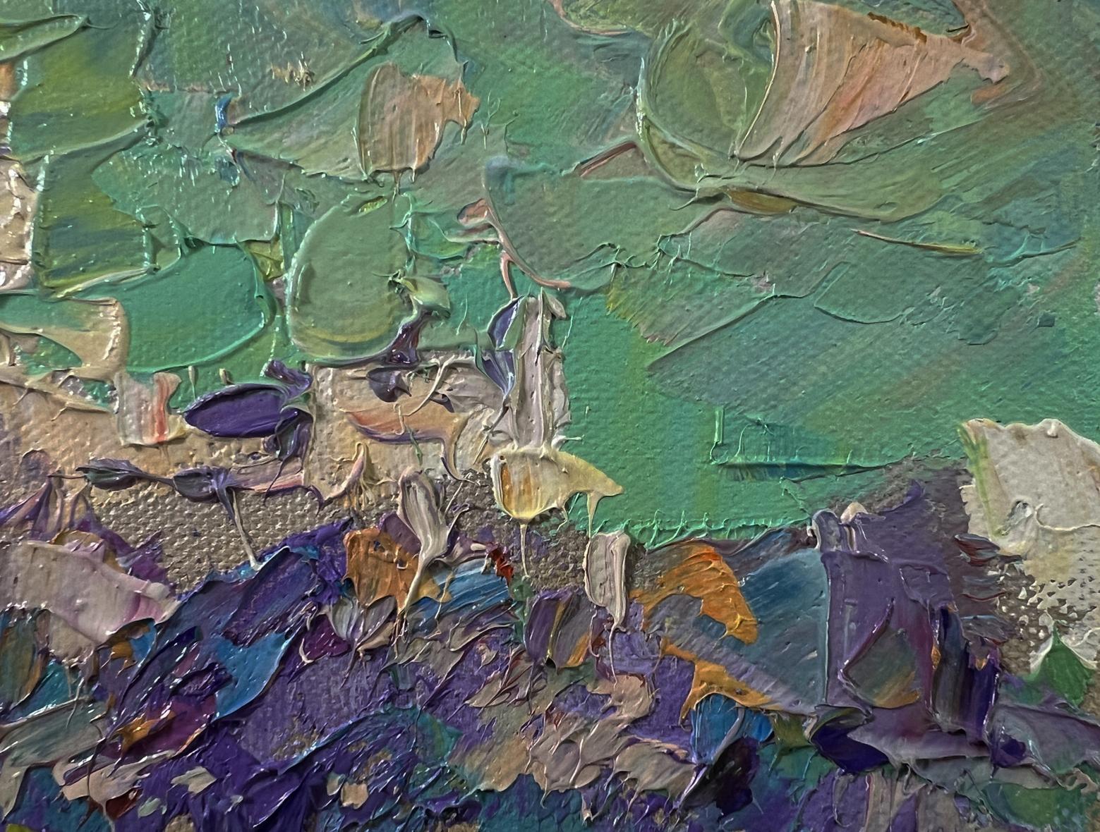 Oil painting Morning in the city park by Oleksiy Ivanyuk impasto green purple tones
