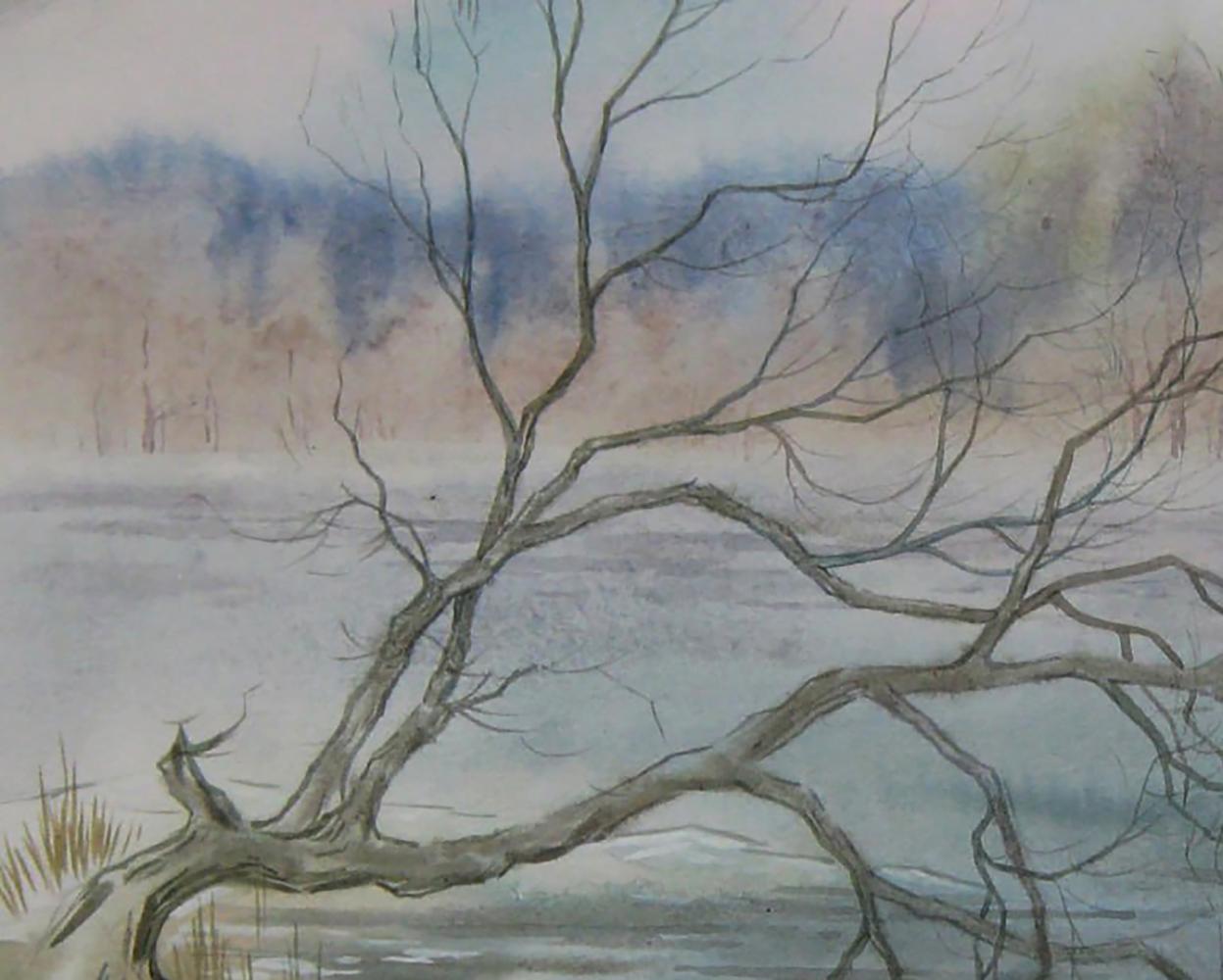 Watercolor painting of bare gnarled tree over misty lake by Valery Savenets